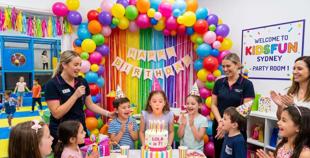 Indoor kids birthday party package at KidsFun Sydney with party host and decorations