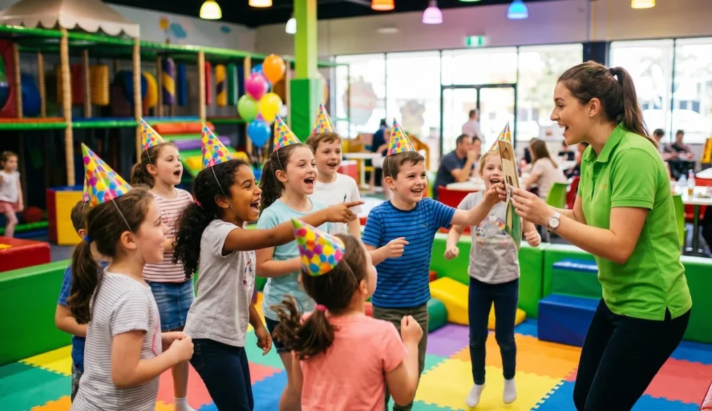 Kids birthday party at an indoor activity centre in Sydney, children engaged in hosted party games