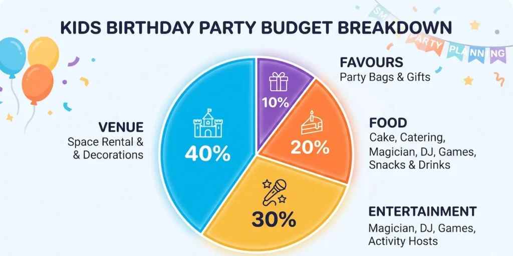 Kids birthday party Sydney budget breakdown showing venue entertainment food and favours cost split