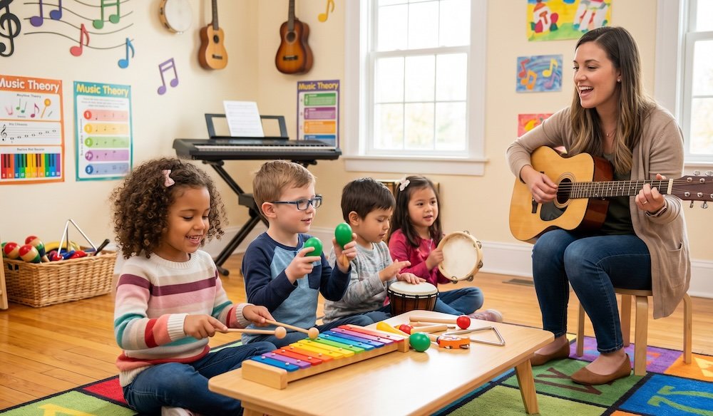 Teacher teaching music to the toddler s