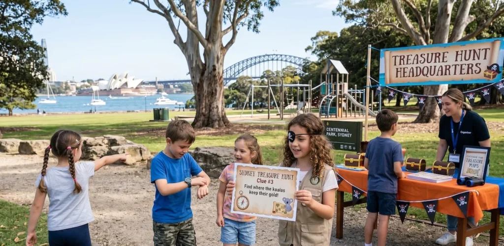 Outdoor kids birthday party in a Sydney council park with themed treasure hunt activity and children playing