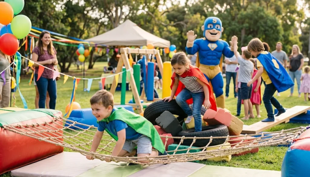 Superhero birthday party for kids in Sydney with hero training obstacle course and mascot character appearance