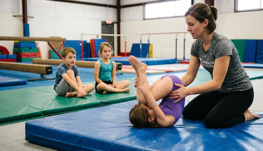 Gymnastics coach spotting young child during first class station rotation