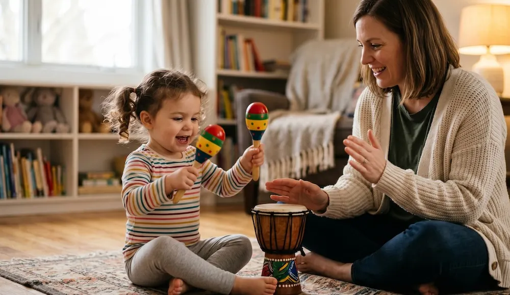 Qualified children's music instructor leading small group session with instruments