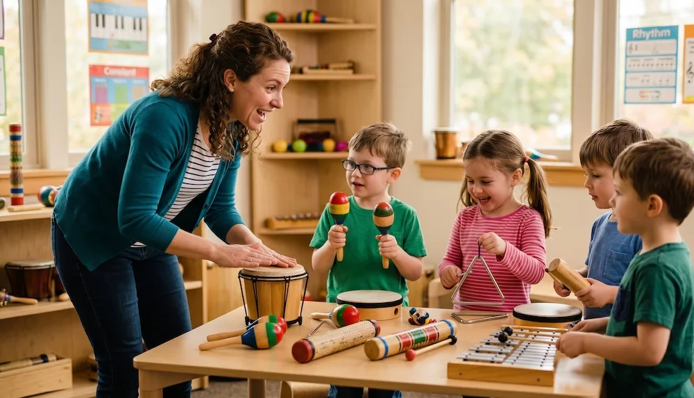 Toddler playing percussion instrument in early childhood music program Sydney