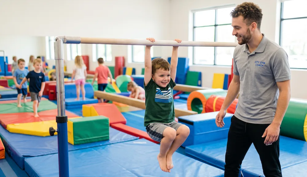 Young boy in beginner gymnastics class hanging from bar with coach support
